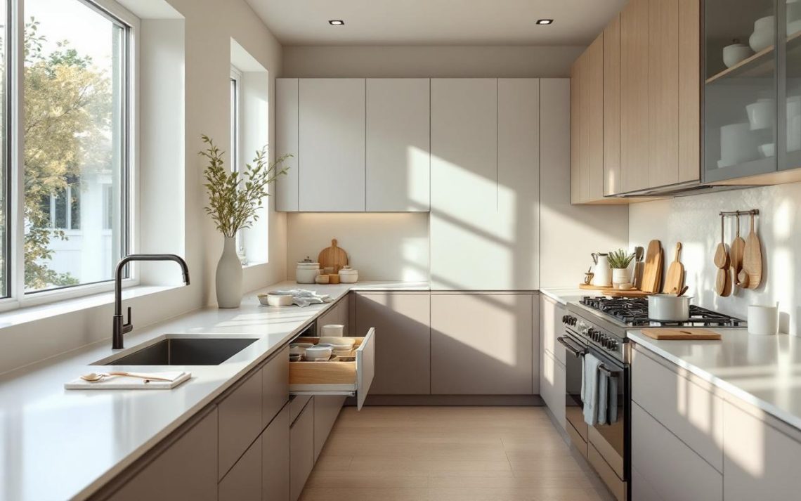 Cuisine moderne lumineuse avec meuble de tri intégré, plan de travail épuré et ambiance contemporaine, éclairée par une lumière naturelle douce.