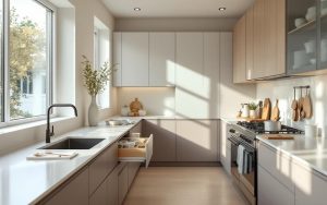 Cuisine moderne lumineuse avec meuble de tri intégré, plan de travail épuré et ambiance contemporaine, éclairée par une lumière naturelle douce.