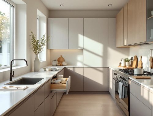 Cuisine moderne lumineuse avec meuble de tri intégré, plan de travail épuré et ambiance contemporaine, éclairée par une lumière naturelle douce.
