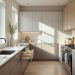 Cuisine moderne lumineuse avec meuble de tri intégré, plan de travail épuré et ambiance contemporaine, éclairée par une lumière naturelle douce.