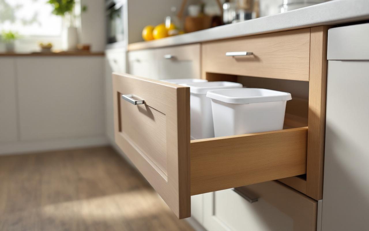 Vue détaillée d’un tiroir bas ouvert montrant des bacs intégrés pour le tri sélectif dans une cuisine ouverte soignée.