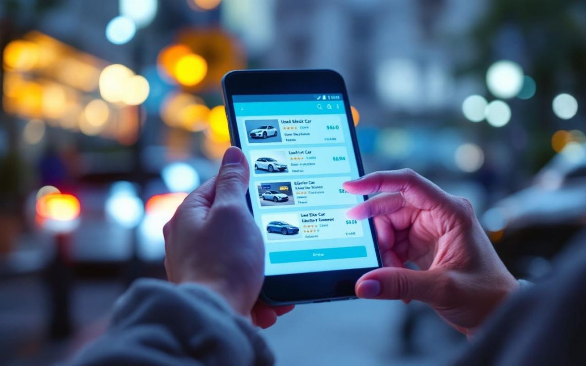 Illustration journalistique montrant une femme comparant des annonces de voitures électriques d’occasion sur un écran, avec une carte de l’Europe en arrière-plan urbain.