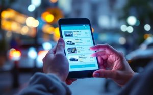 Illustration journalistique montrant une femme comparant des annonces de voitures électriques d’occasion sur un écran, avec une carte de l’Europe en arrière-plan urbain.
