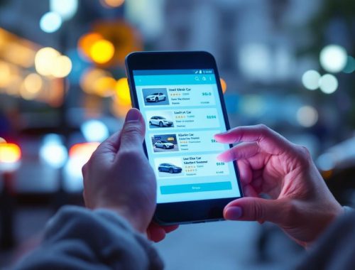 Illustration journalistique montrant une femme comparant des annonces de voitures électriques d’occasion sur un écran, avec une carte de l’Europe en arrière-plan urbain.