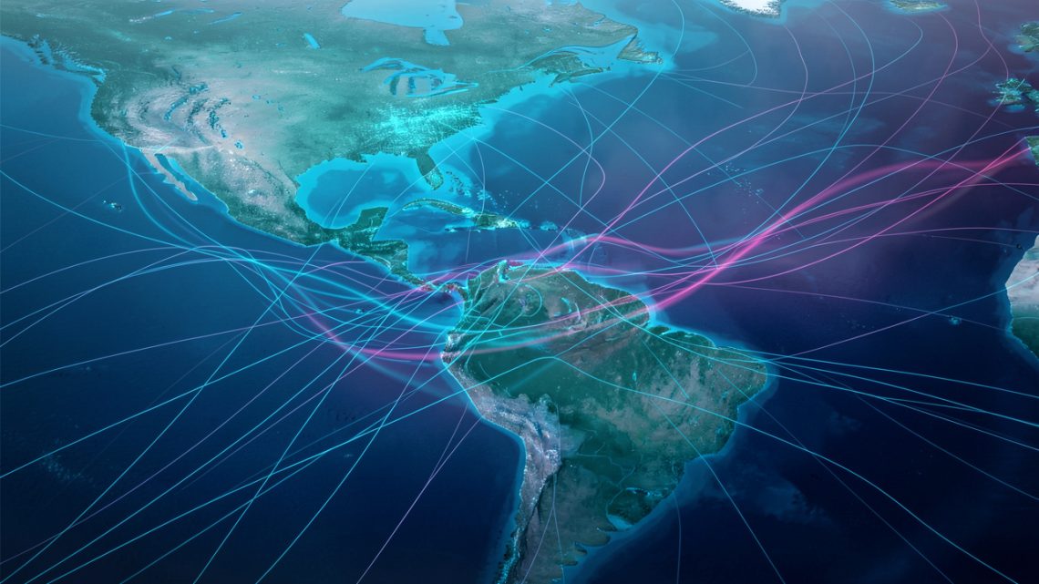 Carte climatique stylisée du Pacifique équatorial avec des vagues de chaleur et des réseaux électriques évoquant une tension électrique, en tons bleu et cyan avec touches magenta.