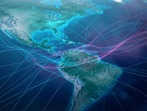 Carte climatique stylisée du Pacifique équatorial avec des vagues de chaleur et des réseaux électriques évoquant une tension électrique, en tons bleu et cyan avec touches magenta.