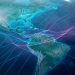 Carte climatique stylisée du Pacifique équatorial avec des vagues de chaleur et des réseaux électriques évoquant une tension électrique, en tons bleu et cyan avec touches magenta.