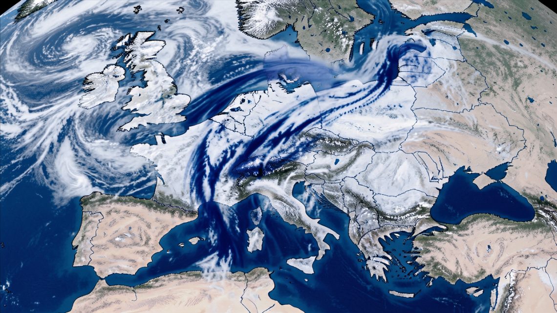 Visualisation réaliste d’un courant-jet polaire ondulant au-dessus de l’Europe, avec des masses d’air froid bleues descendant vers la France sur une carte météorologique hivernale.