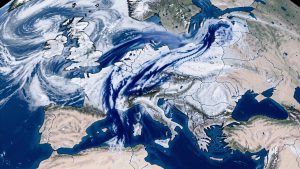 Visualisation réaliste d’un courant-jet polaire ondulant au-dessus de l’Europe, avec des masses d’air froid bleues descendant vers la France sur une carte météorologique hivernale.