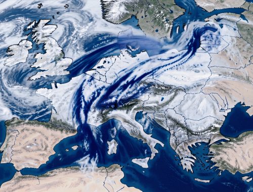 Visualisation réaliste d’un courant-jet polaire ondulant au-dessus de l’Europe, avec des masses d’air froid bleues descendant vers la France sur une carte météorologique hivernale.