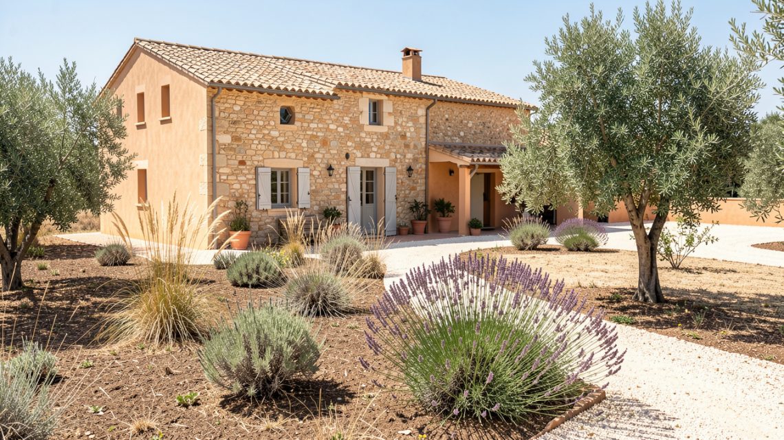 Maison provençale en pierre dans le Var, entourée d’un jardin débroussaillé avec une végétation méditerranéenne espacée et une allée minérale sous la lumière estivale.