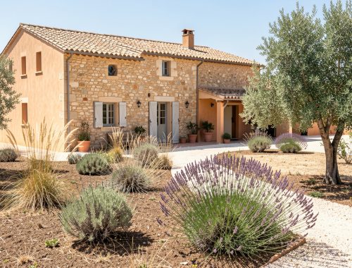 Maison provençale en pierre dans le Var, entourée d’un jardin débroussaillé avec une végétation méditerranéenne espacée et une allée minérale sous la lumière estivale.