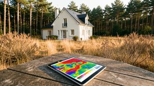 Maison individuelle française située en lisière de forêt, avec une tablette affichant une carte abstraite du risque d’incendie, entourée de végétation sèche sous une lumière estivale.