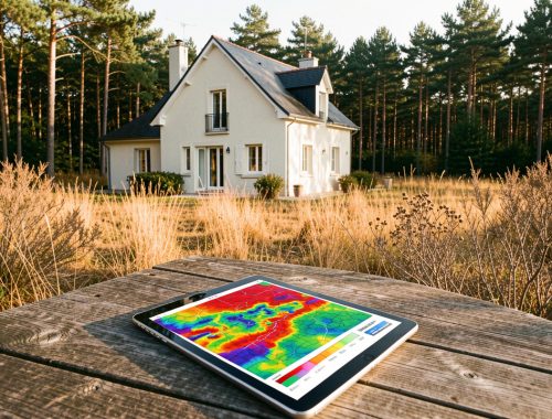 Maison individuelle française située en lisière de forêt, avec une tablette affichant une carte abstraite du risque d’incendie, entourée de végétation sèche sous une lumière estivale.