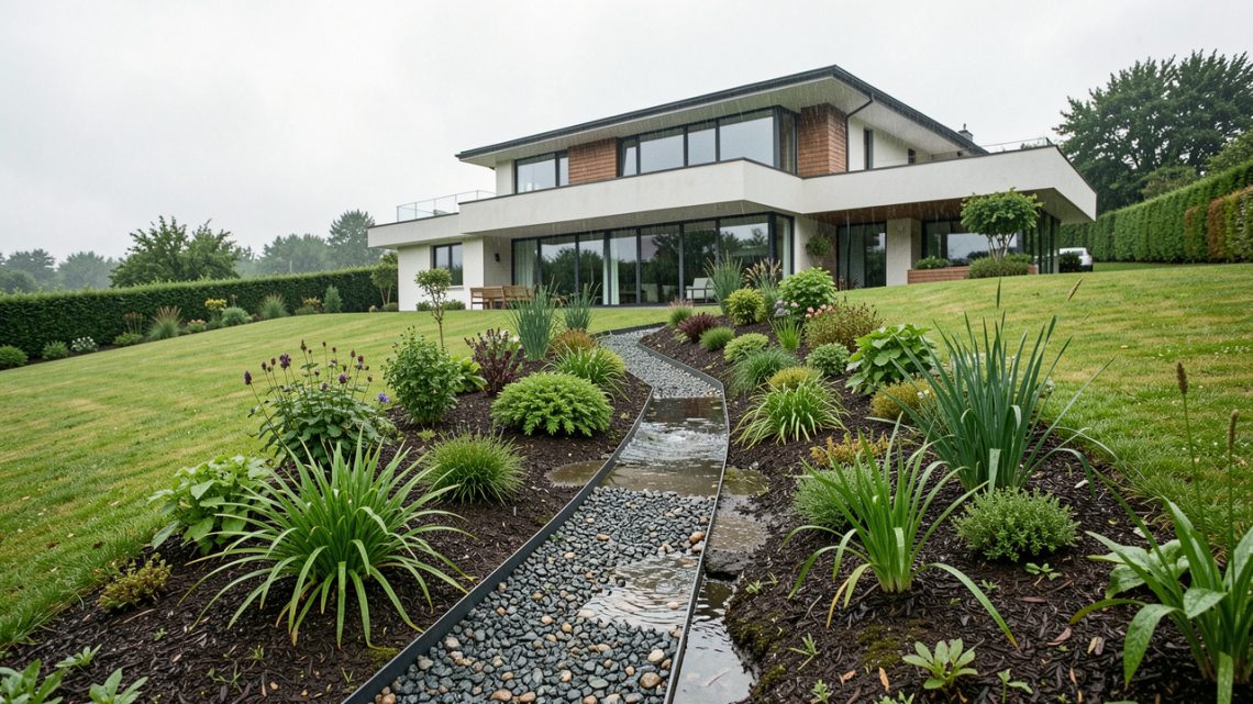 Maison individuelle implantée sur un terrain en pente, avec une noue végétalisée et une tranchée drainante recueillant les eaux de pluie dans un jardin humide après une averse.