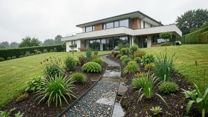 Maison individuelle implantée sur un terrain en pente, avec une noue végétalisée et une tranchée drainante recueillant les eaux de pluie dans un jardin humide après une averse.