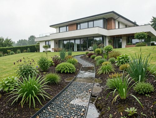 Maison individuelle implantée sur un terrain en pente, avec une noue végétalisée et une tranchée drainante recueillant les eaux de pluie dans un jardin humide après une averse.