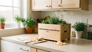 Cuisine d’appartement lumineuse avec un lombricomposteur compact en bois, des épluchures de légumes et du carton brun sur le plan de travail.