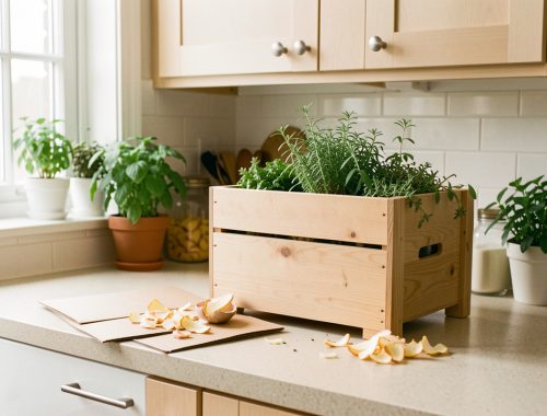 Cuisine d’appartement lumineuse avec un lombricomposteur compact en bois, des épluchures de légumes et du carton brun sur le plan de travail.