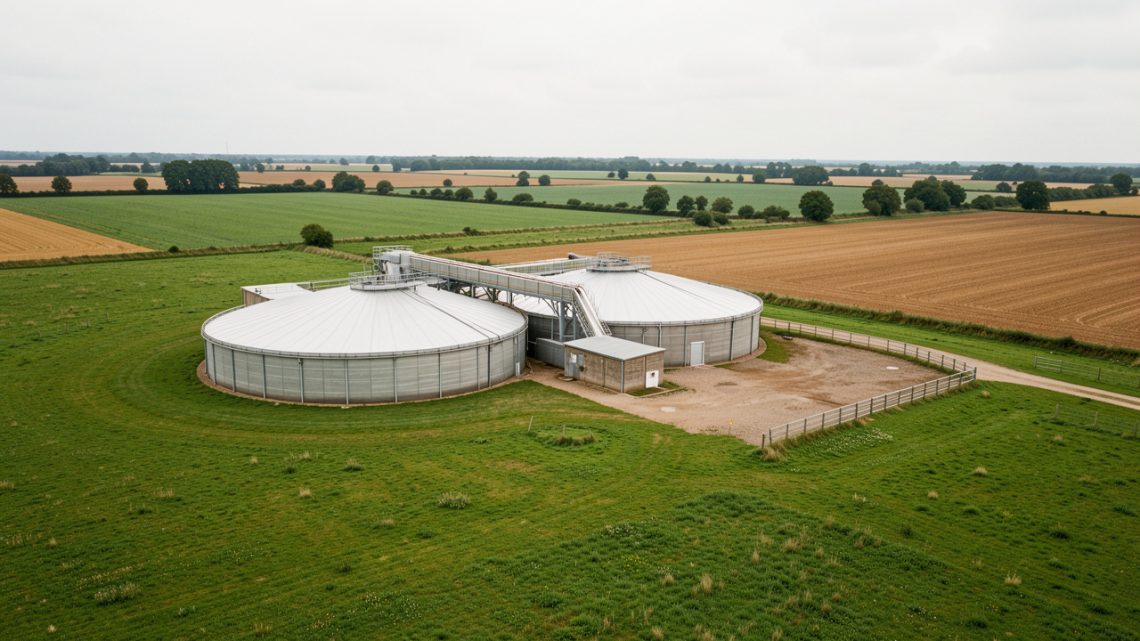Exploitation agricole française avec digesteur de méthanisation, cuve de lisier couverte, prairies verdoyantes et champs cultivés sous une lumière naturelle.