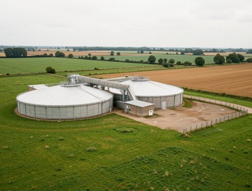 Exploitation agricole française avec digesteur de méthanisation, cuve de lisier couverte, prairies verdoyantes et champs cultivés sous une lumière naturelle.