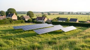Vue réaliste d’un parc agrivoltaïque installé en lisière d’un village français, avec des panneaux solaires espacés au-dessus de prairies, des maisons rurales et des haies bocagères.