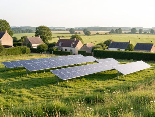 Vue réaliste d’un parc agrivoltaïque installé en lisière d’un village français, avec des panneaux solaires espacés au-dessus de prairies, des maisons rurales et des haies bocagères.