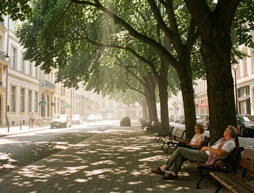 Rue européenne dense pendant une canicule, bordée de grands arbres, de sols perméables et de bancs ombragés où des habitants se protègent du soleil.