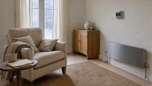 Intérieur lumineux et sobre d’une maison française en hiver, avec un thermostat mural et un radiateur discret.