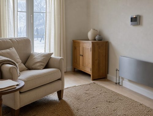 Intérieur lumineux et sobre d’une maison française en hiver, avec un thermostat mural et un radiateur discret.