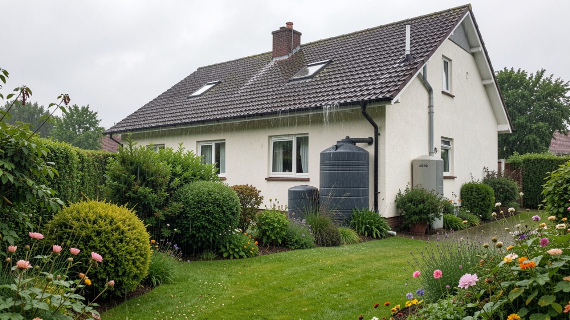 Maison individuelle équipée d’une toiture, de gouttières et d’un récupérateur d’eau de pluie relié à une cuve, sous une forte averse estivale dans un jardin végétalisé.
