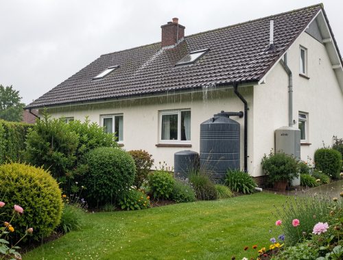 Maison individuelle équipée d’une toiture, de gouttières et d’un récupérateur d’eau de pluie relié à une cuve, sous une forte averse estivale dans un jardin végétalisé.